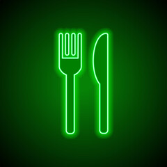Restaurant, fork knife simple icon. Flat design. Green neon on black background with green light