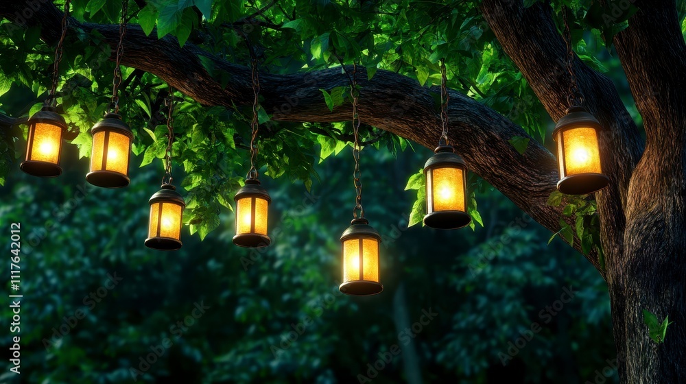 Poster lanterns hanging from a tree in a serene forest setting