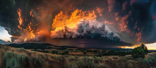 Dramatic Sunset with Mammatus Clouds Over a Field