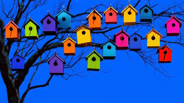 Colorful birdhouses hanging from a tree against a blue sky