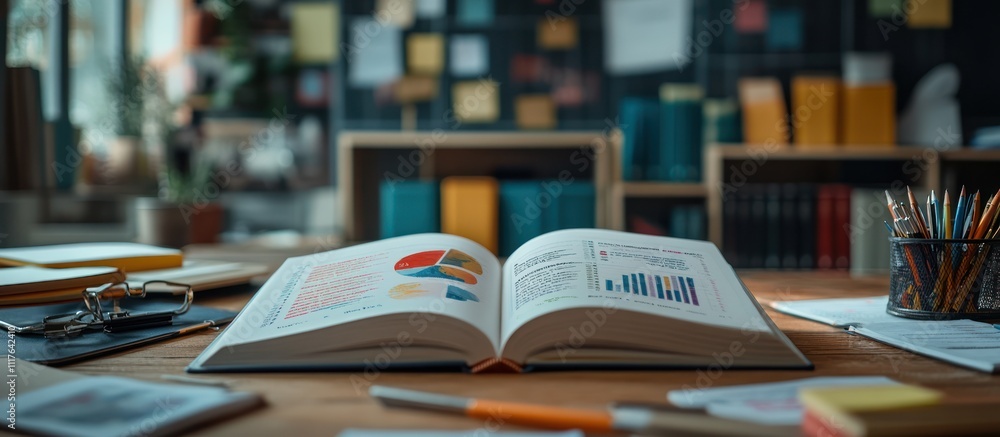 Aufkleber open book with charts and graphs on a wooden desk with pencils and a notepad.