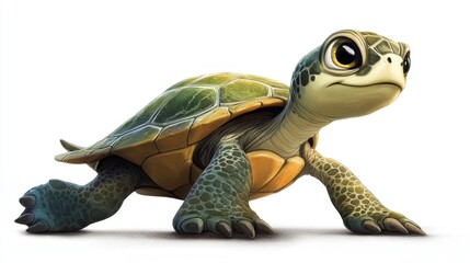 Obraz premium Playful Cartoon Turtle with Large Eyes Crawling on White Background in a Fun and Whimsical Style