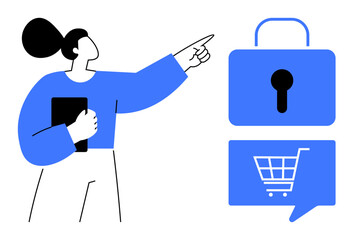 Person holding a tablet while pointing towards a lock and a shopping cart speech bubble icon. Ideal for cybersecurity, e-commerce, digital marketing, online shopping, website security, safe browsing