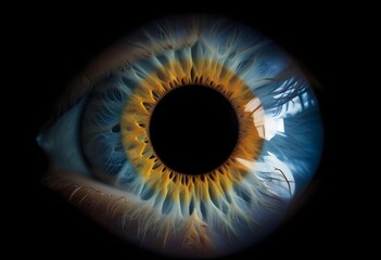 A close-up, highly detailed image of a human eye with a vibrant iris in shades