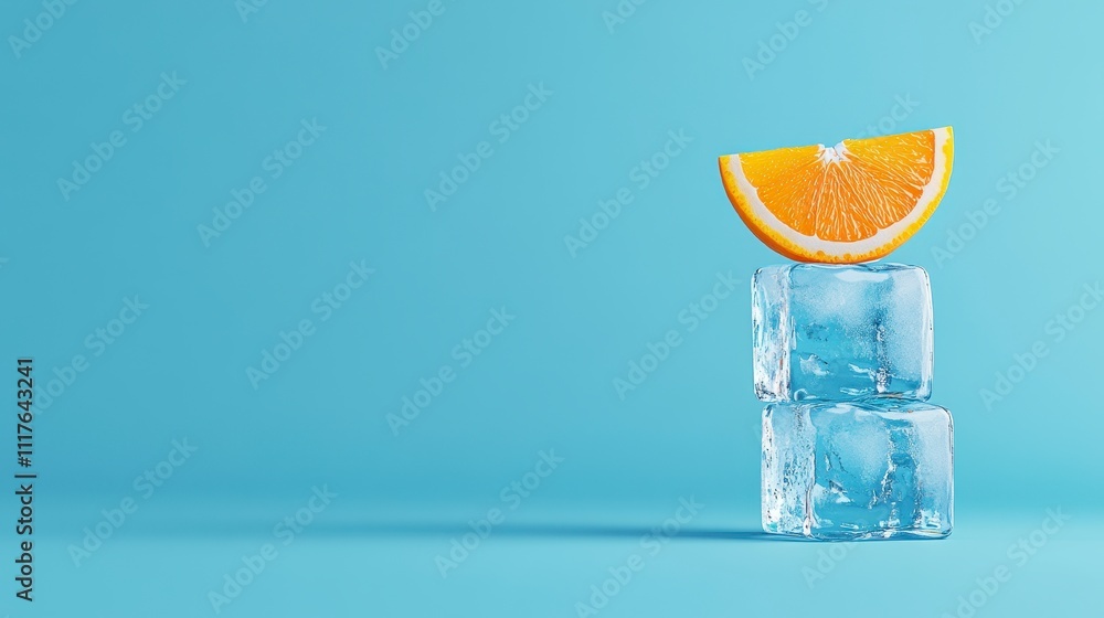 Poster refreshing orange slice on stacked ice cubes