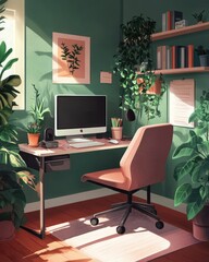 Fototapeta premium Cozy workspace with plants, computer, and organized shelves.