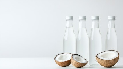 Minimalistic display of glass bottles filled with a clear liquid next to halved coconuts, emphasizing freshness and natural ingredients.