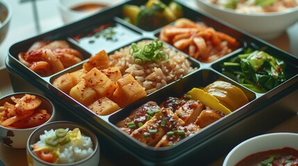 A modern Korean bento box with compartments filled with brown rice, seasoned vegetables, grilled chicken, kimchi, and fresh fruits, presented on a clean and minimalist table setting.