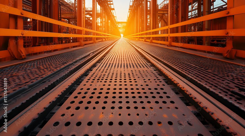 Poster a captivating view of a metallic pathway leading towards a glowing sunset, framed by industrial stru