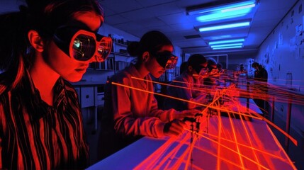 Students conducting experiments with lasers in a laboratory setting.