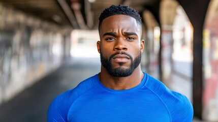Fototapeta premium Confident man in blue shirt in urban setting