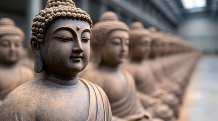 A serene row of Buddha statues symbolizes peace, meditation, and spirituality in a tranquil setting, showcasing intricately carved details.