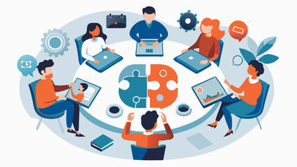 Overhead view employees at roundtable meeting, sharing project updates, has central puzzle piece design, symbolizing teamwork and collaboration, participants are engaged, using laptops documents. 