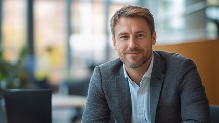 Fototapeta premium Confident businessman smiling in modern office setting