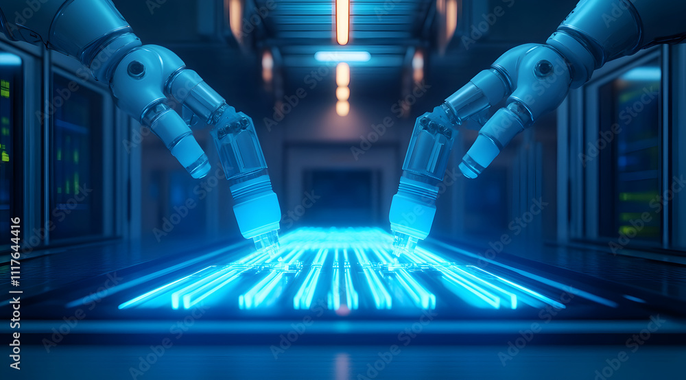 Poster two robotic arms interact with a glowing blue surface, set in a futuristic environment filled with t
