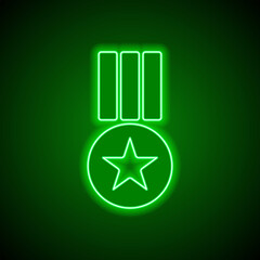 Medal simple icon vector. Flat design. Green neon on black background with green light