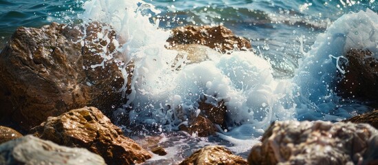 Obraz premium Waves Crashing on Rocky Shoreline