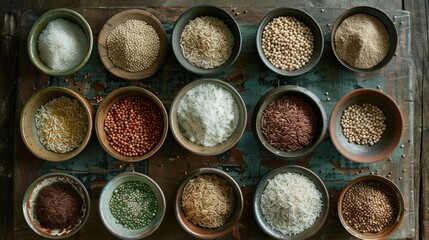Overhead view of various grains and rice in small bowls on rustic wooden surface.