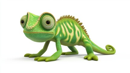 Obraz premium Colorful Cartoon Chameleon with Bright Green Skin and Intricate Patterns on White Background