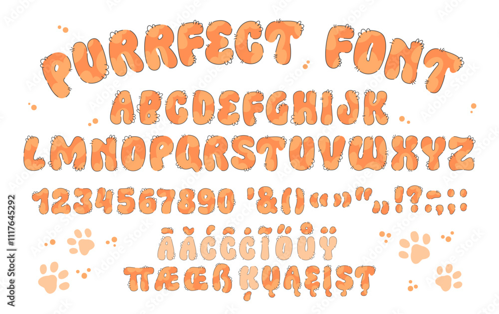 Fototapete cute hand drawing alphabet in fluffy fur style. creative typeset for pet concepts. extended latin al