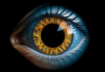 A close-up, highly detailed image of a human eye with a vibrant iris in shades