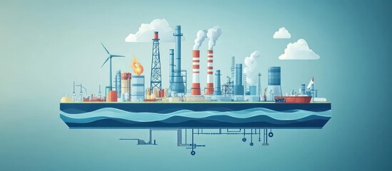 Illustration of an offshore oil rig with pipes and platforms extending down into the ocean.