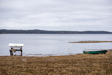 Damaged green fisherman's boat in reeds on the background of the river