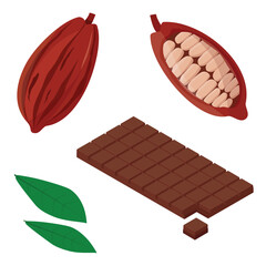 Cocoa pod with leafs, half sliced cacao pod with cacao beans inside