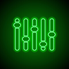 Equalizer, slider simple icon. Flat design. Green neon on black background with green light
