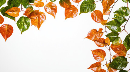 Autumn leaves with vibrant hues of orange and green create a colorful left and right frame on a white background.