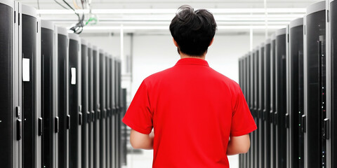 Asian male technician in red shirt inspecting a modern data center server room