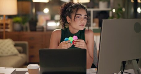Office, woman and computer at night with fidget toy for stress or ADHD symptoms at work. Internet, reading and research with tech, project and deadline at business with hands busy to relieve tension