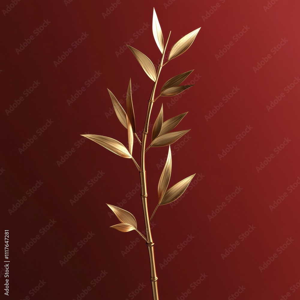 Poster a minimal 3d rendering of a golden bamboo stalk with smooth edges, isolated on a gradient red-to-bla