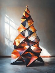 Unconventional Abstract Christmas Tree Installation with Geometric Shapes and Monochromatic Palette