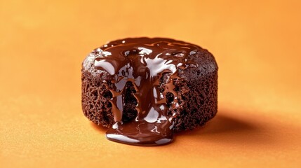 Indulge in decadence close-up of glossy chocolate lava cake on vibrant orange background culinary delight dessert mouthwatering treats