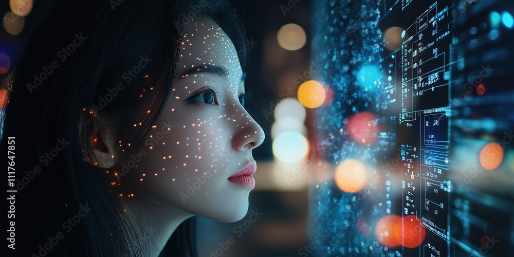 Poster exploring the future with image recognition technology and digital interfaces at night