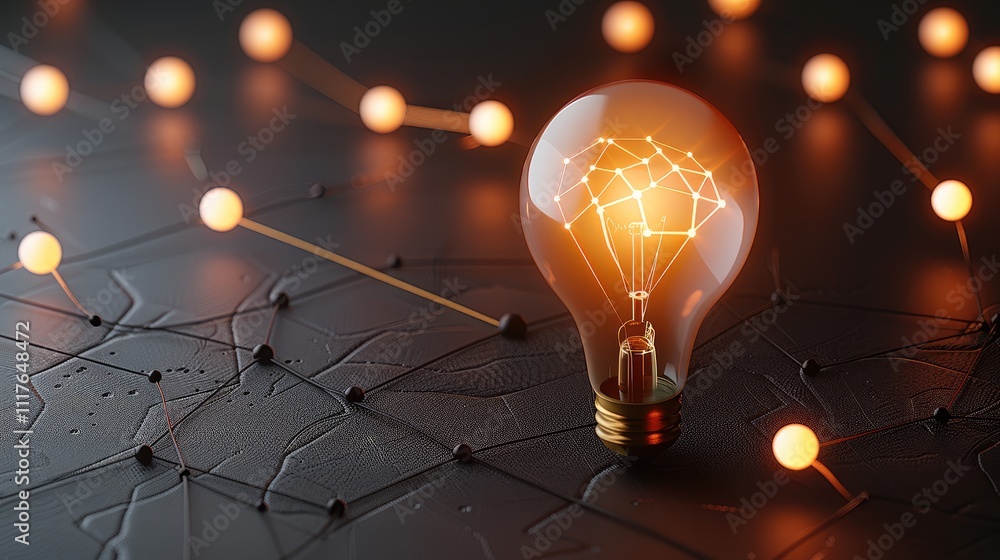 Poster dynamic glowing lightbulb surrounded by interconnected problem-solving nodes, symbolizing strategic 