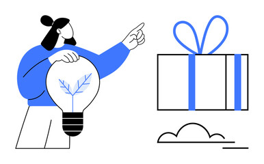 Woman holding lightbulb with leaf inside, pointing at gift box wrapped with ribbon. Ideal for creativity, innovation, gifts, environmental themes, learning, inspiration and sustainability. Line