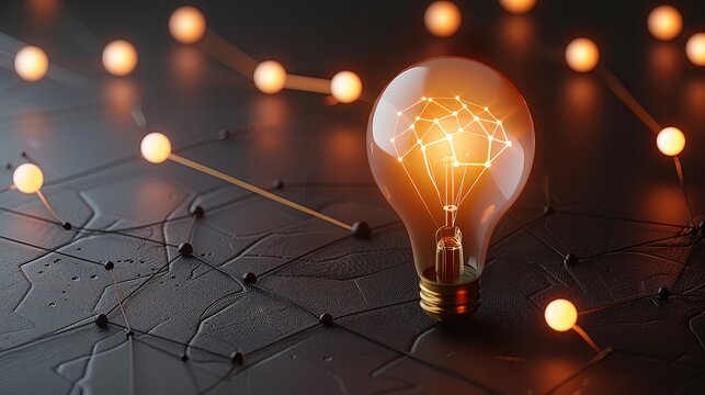 Dynamic glowing lightbulb surrounded by interconnected problem-solving nodes, symbolizing strategic thinking, 3D illustration.