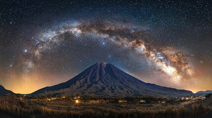 Majestic Milky Way arching over a volcano at night.