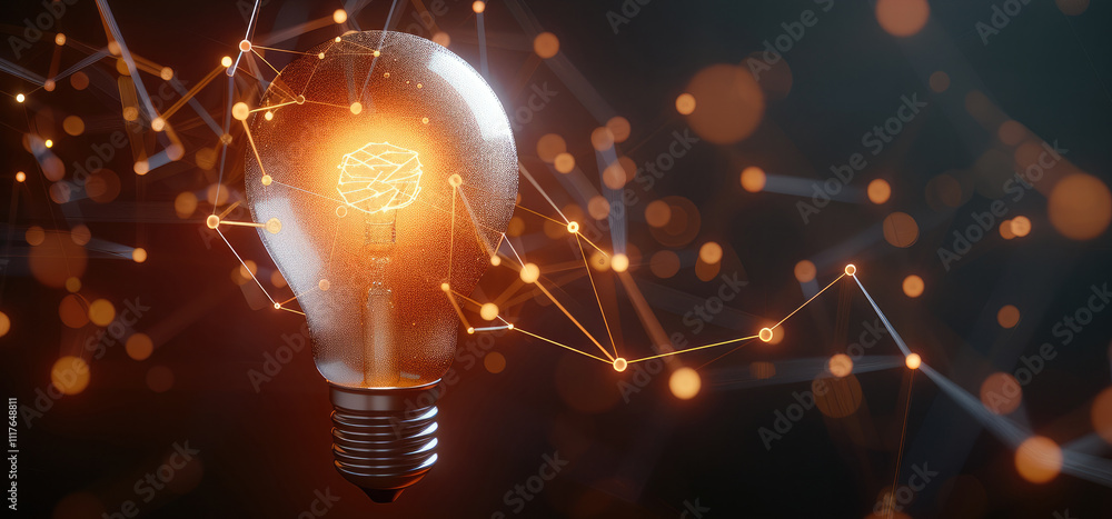 Poster dynamic glowing lightbulb surrounded by interconnected problem-solving nodes, symbolizing strategic 