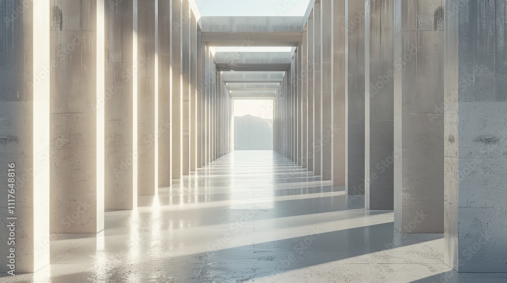 Poster An open architectural structure showcasing sleek and minimalistic design. The columns and beams are crafted from reflective silver tubes.