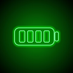 Battery simple icon, vector. Flat design. Green neon on black background with green light