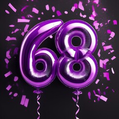 Fototapeta premium Purple birthday / anniversary balloon, number 68, black background with confetti