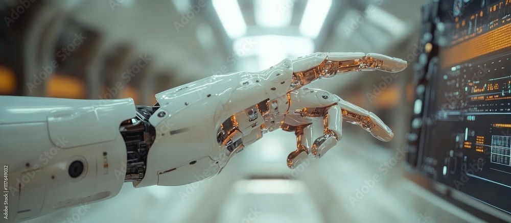 Poster close-up of robotic arm with metallic joints pointing at a digital display.