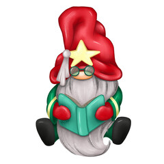 Christmas gnomes in red hats with stars: one with a Christmas tree, another reading a book, and the third holding a colorful garland. Bright colors, festive mood, and themed decor for winter holidays.