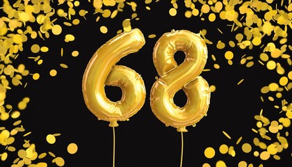 Yellow birthday / anniversary balloon, number 68, black background with confetti