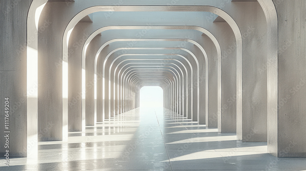 Poster An open architectural structure showcasing sleek and minimalistic design. The columns and beams are crafted from reflective silver tubes.