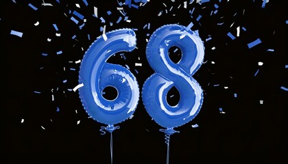 Blue birthday / anniversary balloon, number 68, black background with confetti