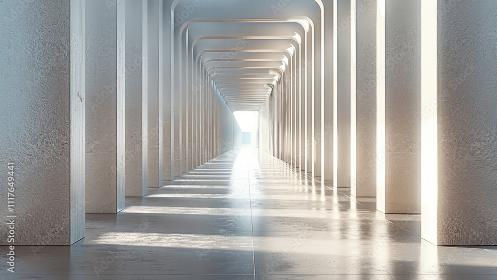 Poster An open architectural structure showcasing sleek and minimalistic design. The columns and beams are crafted from reflective silver tubes.